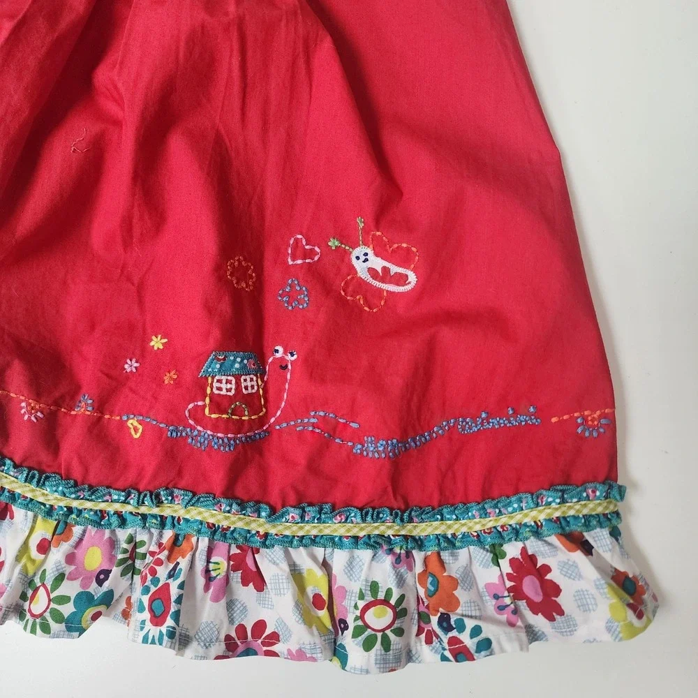 Catimini Dress Baby 18M Red Floral Whimsical Embroidery Bow Ruffle Hem France